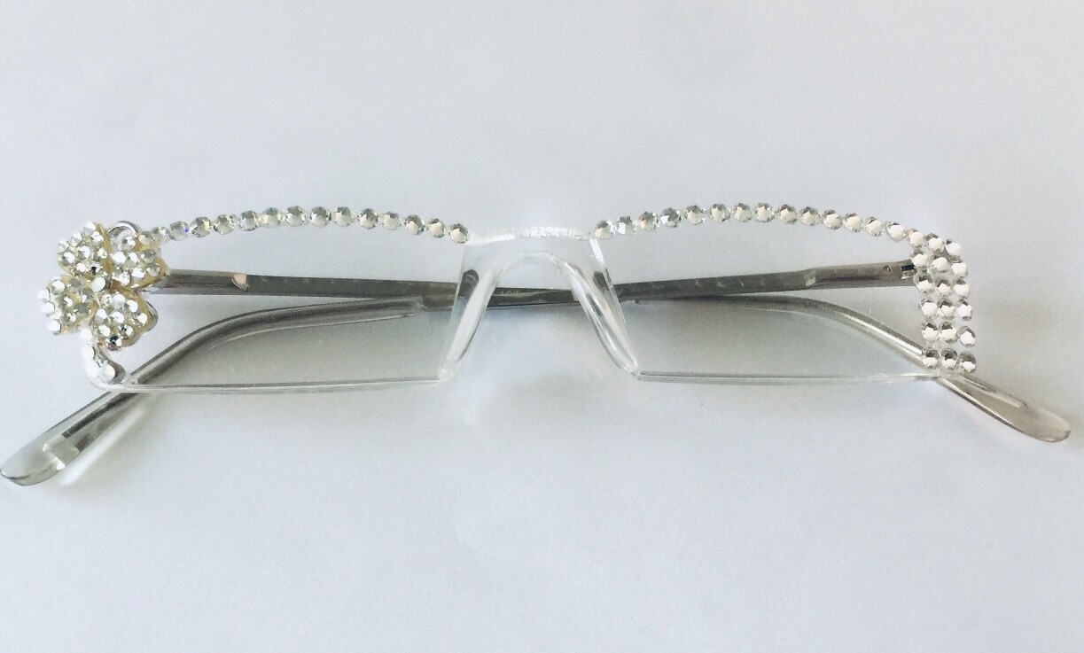 *CLEAR CRYSTAL JEWELED READING GLASSES NEW FLOWER READERS MADE WITH