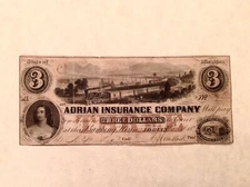 ~ 1853 $3 THE ADRIAN INSURANCE COMPANY ADRIAN, MICHIGAN - TRAIN VIGNETTE