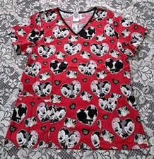 Disney Scrub Top Size Medium Red Mickey Minnie Hearts Valentines Love V-neck
