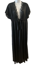 Vintage Vanity Fair Black Long Gown Robe Medium Nylon Satin Tie Front Pocket USA