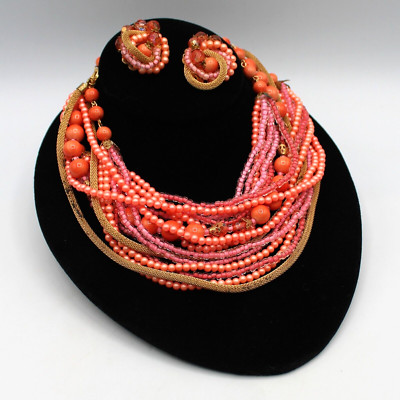Miriam Haskell Necklace & Earring Set Coral Beaded  Gold Tone Mesh Multi Strand