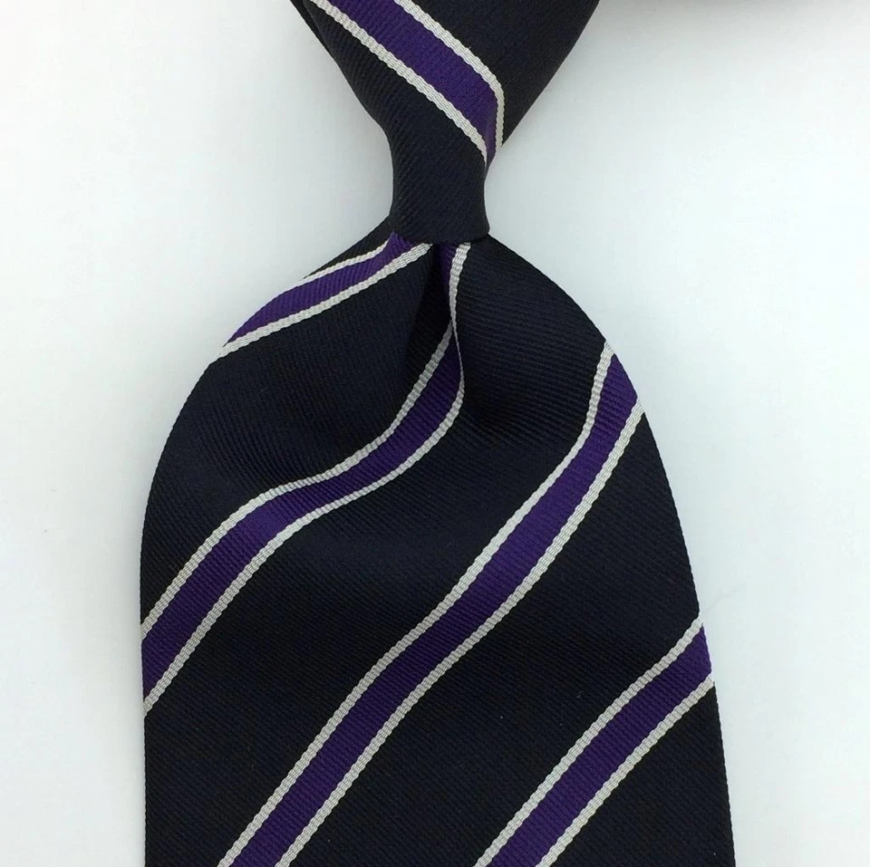 Gravata Ralph Lauren Roxa Etiqueta Itália Listras Preta Prata Larga Luxo Seda L3 Nova - Imagem 2 de 4