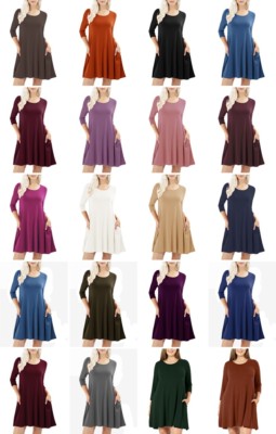 Scoop Neck Three-Quarter-Length Slv Swing DRESS With Side Pockets S ~ 3X