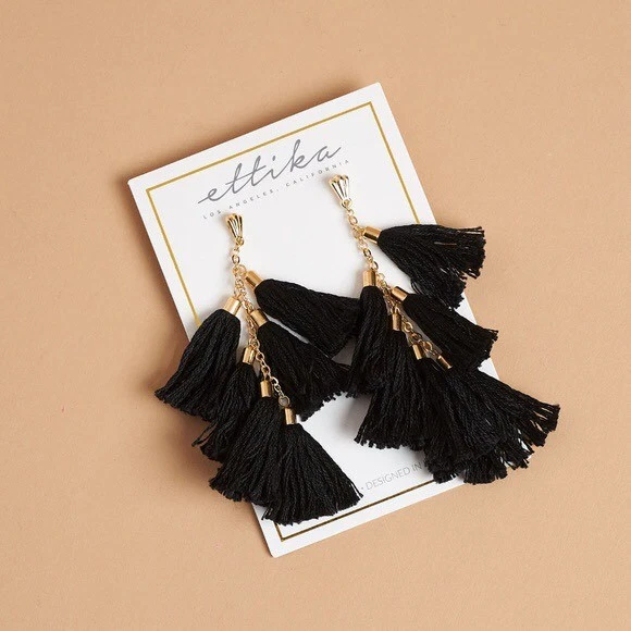 Ettika Day Dreamer Tassel Earrings Black Brand New RV 58