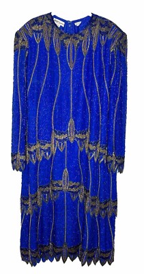 Vintage Jasdee New York Blue 100% Silk Heavily Beaded Flapper Dress Plus Sz 1X