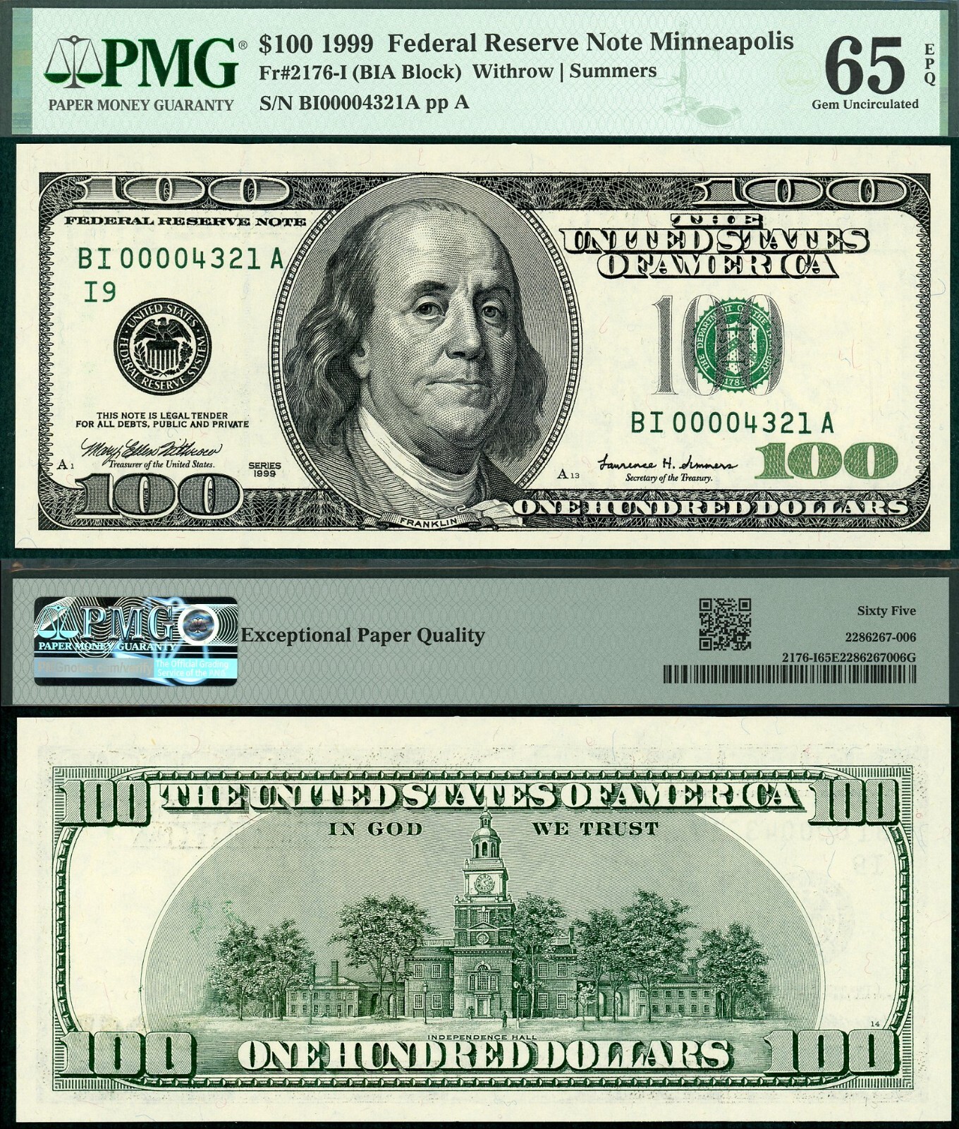 Ladder Note 1999 $100 Federal Reserve Ladder Note FR-2176I PMG Gem 65EPQ S/N ...