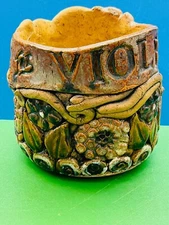 Vintage Designer's Signed JM Artist Ugly Art Pottery Clay Planter Violets 4"x 4"