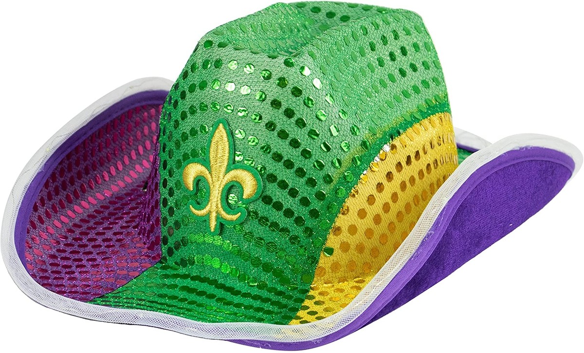 5363 Mardi Gras Hat Light Up Cowboy Cowgirl Hats, One Size, Green Purple FlashingBlinkyLights Shiny Sequin Purple, Green and Gold  main image 4