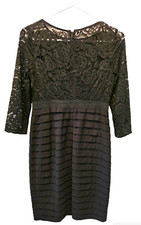 Adrianna Papell Black 3/4 Lace Sleeve Bodycon Shutter Pleat Dress, Size 8