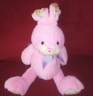 Ganz BONNIE Pink Soft Fur 10in Sitting Plush Floral Ear Foot Pads Purple Bow 