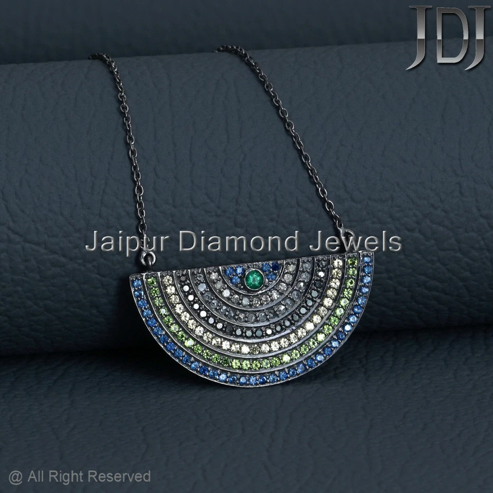 Natürlich Pflastern Diamant Multi Edelstein Halskette 925 Sterlingsilber - Bild 1 von 4