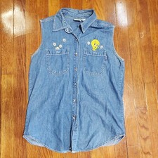 Vintage Looney Tunes Denim Sleeveless Shirt Embroidered Tweety Bird Warner Bros
