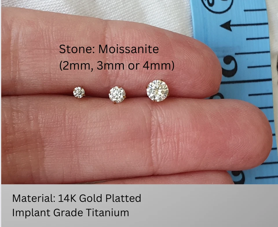 Moissanite Labret Stud Dainty Titanium Piercing Jewelry, 16G Threadless - Image 3 of 3