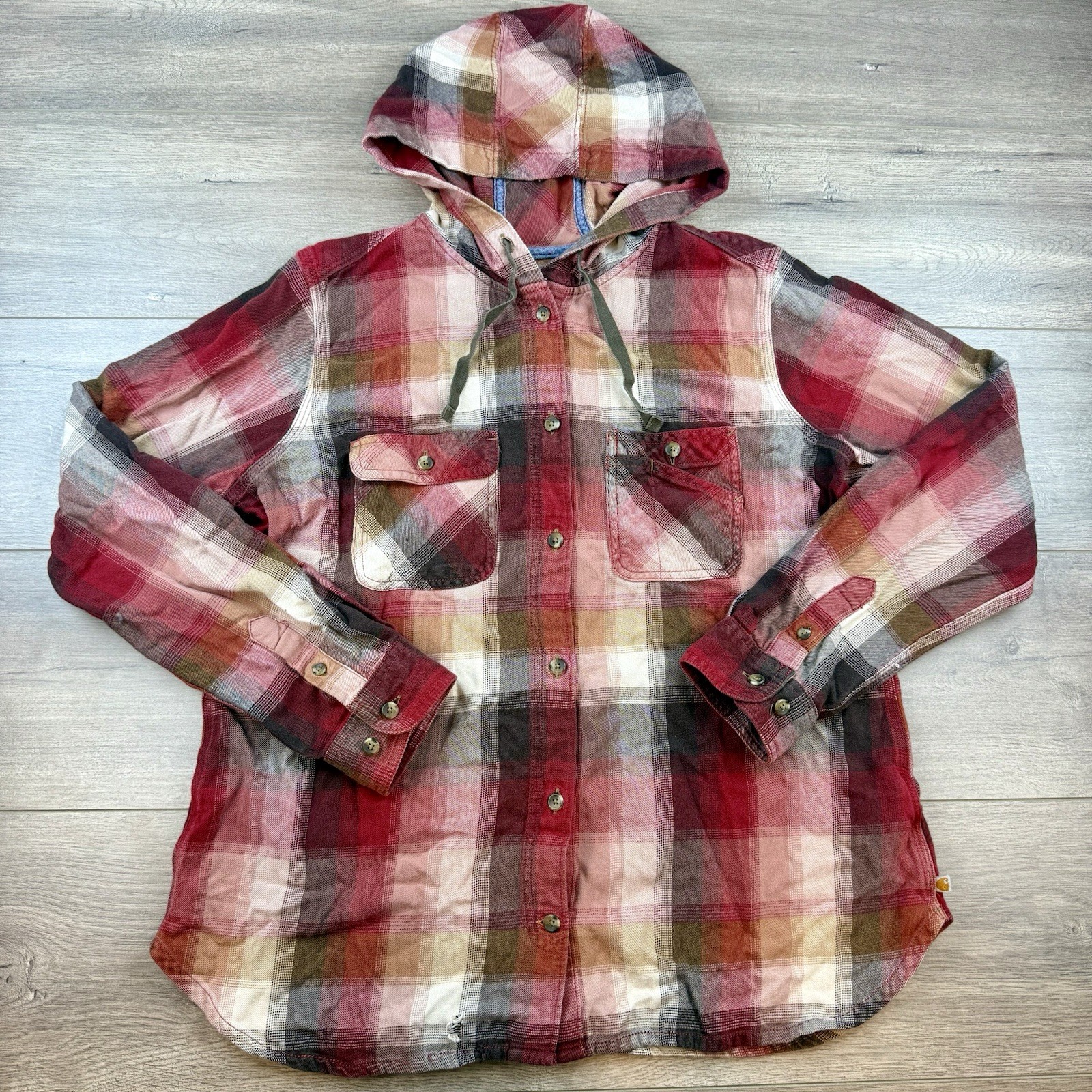 Carhartt Beartooth Hooded Flannel Shirt Button Up Women's Large Drawstring Cabin