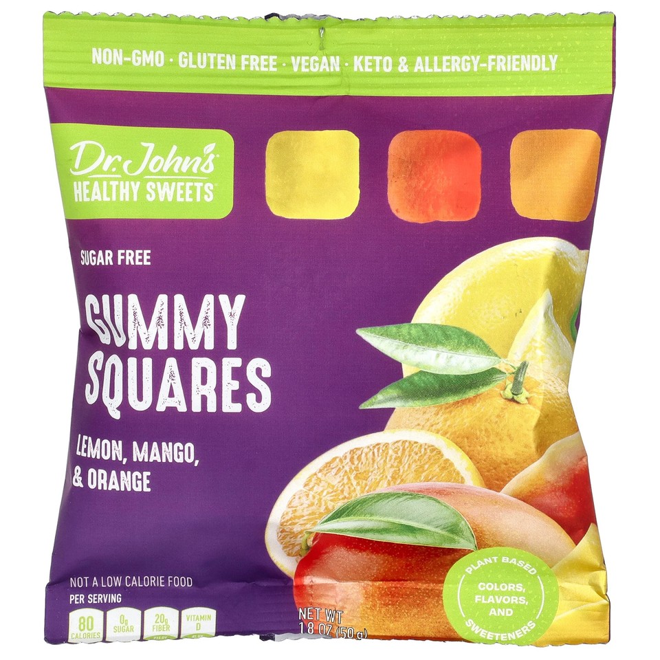 Gummy Squares, Sugar Free, Lemon, Mango & Orange, 1.8 oz (50 g)