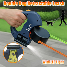 Double Dog Retractable Leash | 360° Tangle-Free Dual Lead+LED Light & Waste Bag
