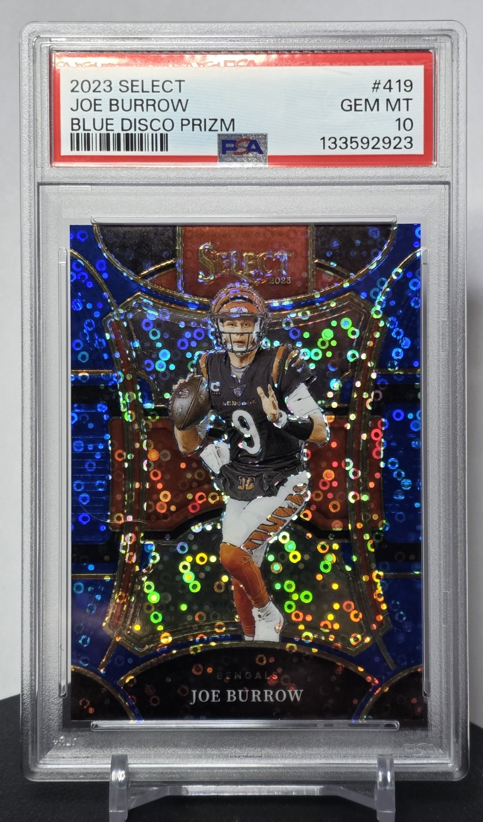 2023 Panini Select Joe Burrow Suite Level #419 Blue Disco Prizm #15/25 PSA 10 view 4