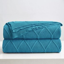 100 Cotton Lake Blue Lightweight Cable Knit Throw Blanket with Bonus Launder...