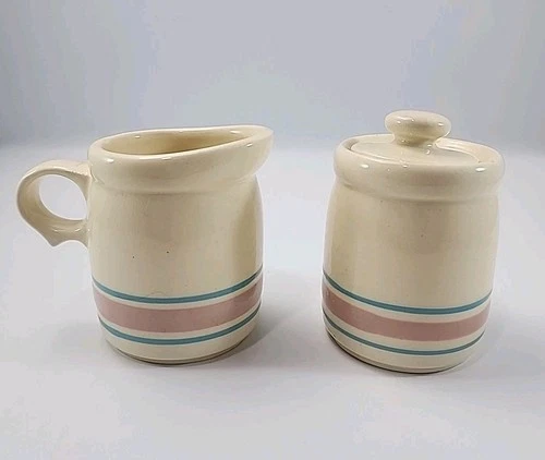 VTG 70s McCoy Nelson - USA - Stonecraft - Pink Blue Stripe CREAMER & SUGAR  Set