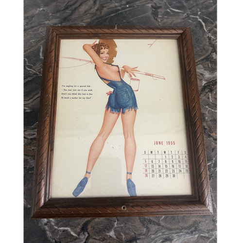 June 1955 Framed Pin-Up Calendar Page Vintage Collectible Art Decor Wall Art