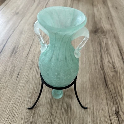 Vase art déco / space âge vintage en verre givré bleu vert avec support - 20 cm - Photo 1/4