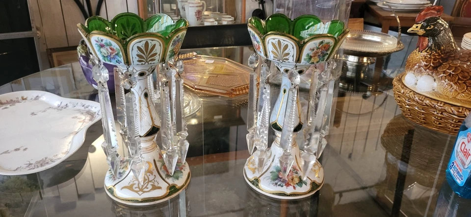 Napoleon 3 Paire De Porte Ananas Opaline Émaillée Pampille Cristal Baccarat - Photo 4/4