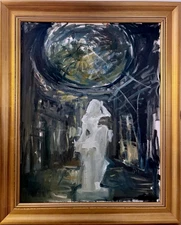 Framed Oil Painting Gothic French Interior Cathedral Sculpture 22”x28” Canvas