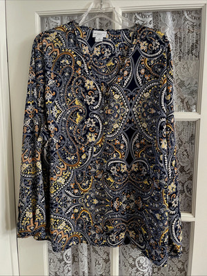 Liz  Claiborne Blouse 2X Navy Orange Paisley V Neck Office Chic LS Lightweight