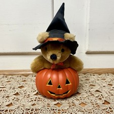 Vintage 90s Halloween Witch Teddy Bear Jack o Lantern Pumpkin Plush Decoration