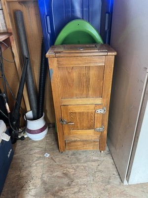 Antique Wooden Ice Box Metal Interior Wire Shelf Original Hardware Brown
