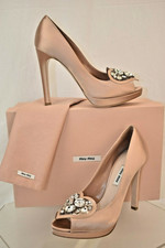 NIB MIU MIU PRADA NUDE SATIN JEWELED CRYSTALS PLATFORM PEEP TOE DRESS PUMPS 41