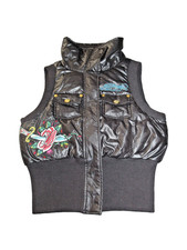 Ed Hardy Women  s Puffer Vest Black Skull Rose Tattoo Embroidery Size L RARE Y2k
