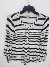 Lucky Brand Top Womens Medium Ivory Blue Stripe Slub Knit Coastal Boho Stretch