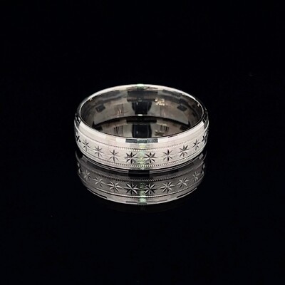 14K Solid White Gold Matte Finish Star Pattern Wedding Band