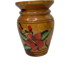 Vintage vase wooden hand turned hand painted boho folk art 8 tropical EUC
