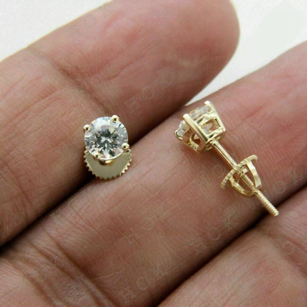 2CT Round Cut Screw Back Lab Created Diamond Stud Earring 14K Yellow Gold  Finish