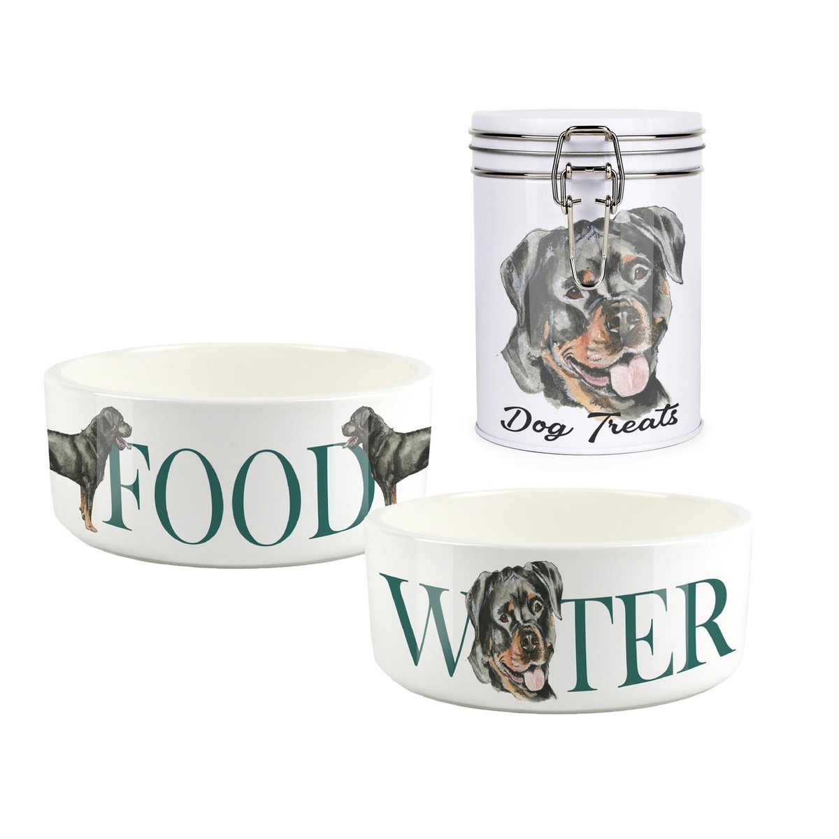 Rottweiler Pet Bowls Treat Canister Set Food/Water Gifts for