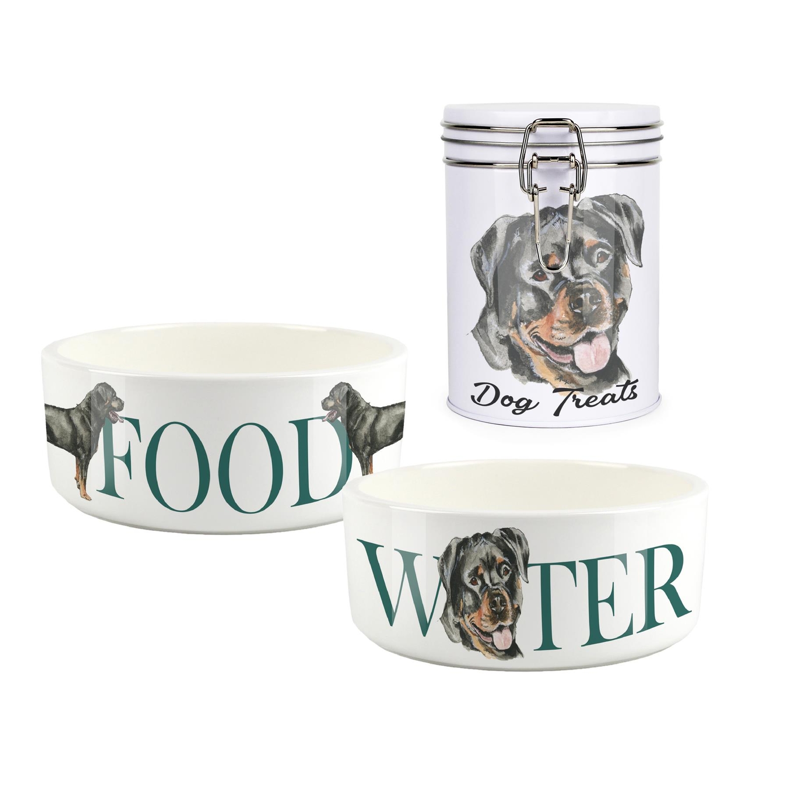 Rottweiler Pet Bowls & Treat Canister Set - Food/Water Gifts for Dog Owners