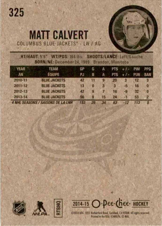 2014-15 O-Pee-Chee Matt Calvert #325 - Image 2 of 2