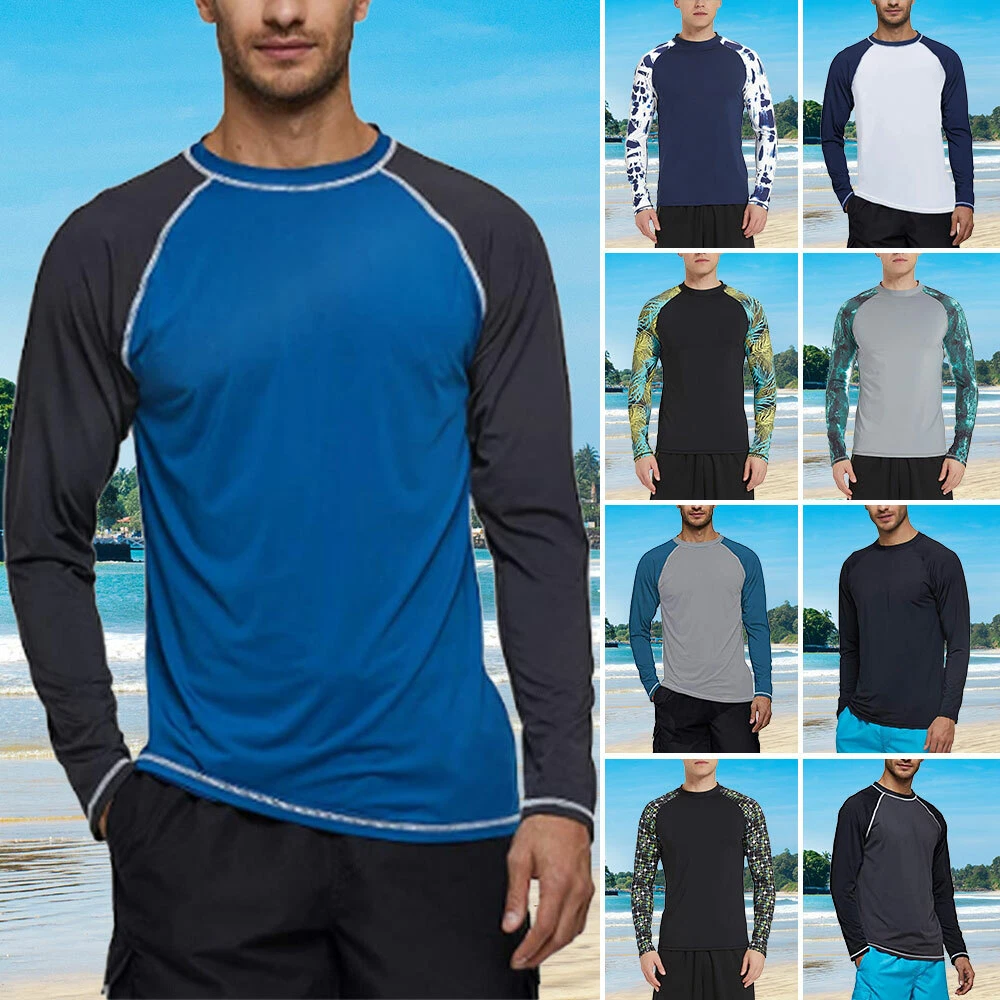 Men Rash Guard Swim Shirt Quick-Dry Sun Protection Long Sleeve Swim Tops