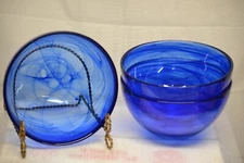 3 MID CENTURY MODERN COBALT BLUE SWIRL MUANO GLASS COUPE BOWLS MCM NO CHIPS