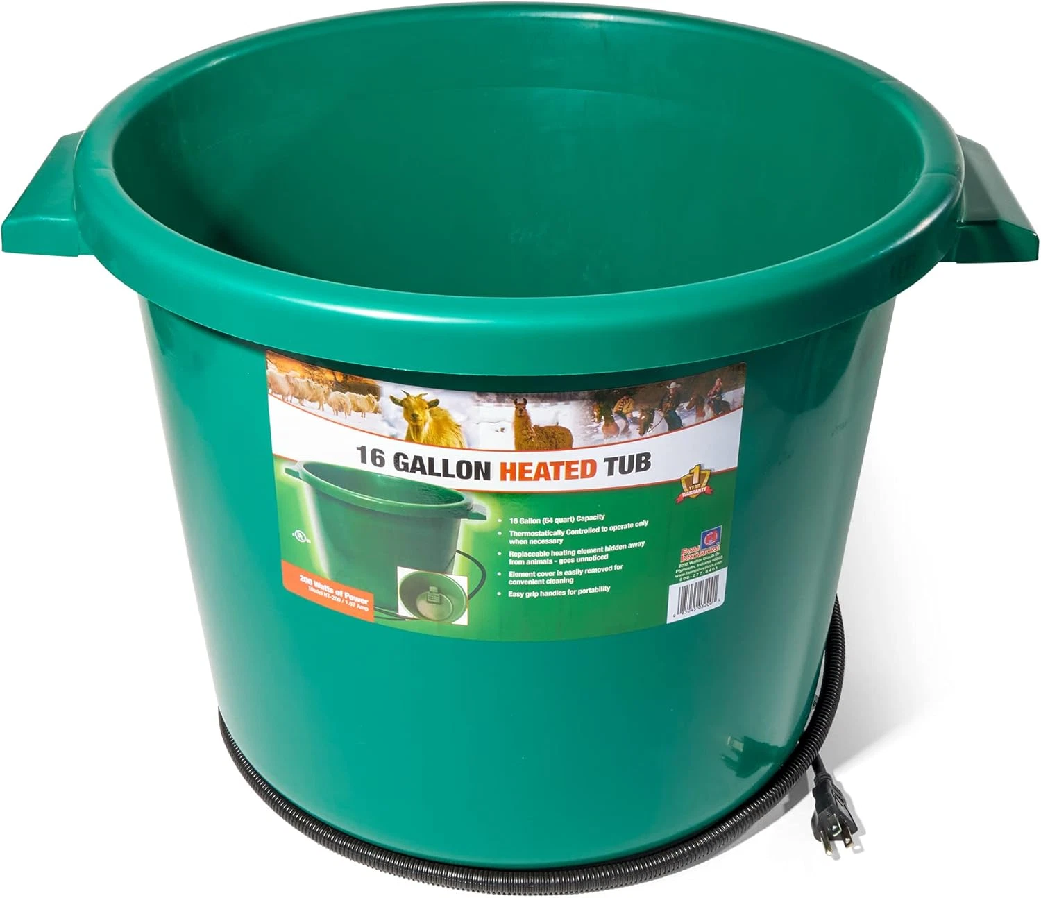 Heated Bucket, Livestock Water Bowl with Heating Element, 16 Gallon