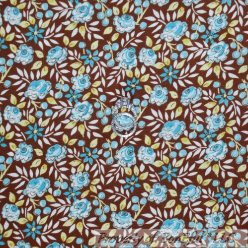 BonEful FABRIC Cotton Quilt Brown Aqua Antique Blue Rose Flower Leaf SALE SCRAP