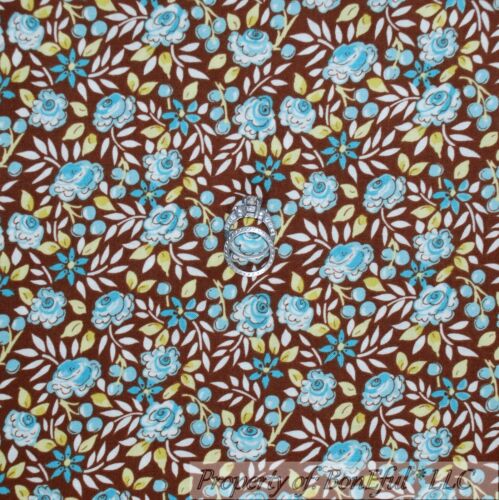 BonEful FABRIC FQ Cotton Quilt Brown Aqua VTG Antique Blue Rose Flower Leaf SALE - Picture 1 of 8