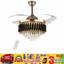42" Crystal Ceiling Fan Chandelier Remote Retractable Blades w/ Led Light Black