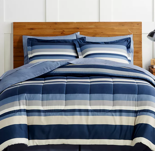 Blue Reversible Solid / Stripe 8 Pc Comforter & Sheet Set, QUEEN - $100