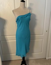 NWT 100 Percent Silk Express One Shoulder  Turquoise Cocktail Dress Bias  9/10