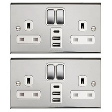2 x Deta SD1288CHW Slimline Twin 13 Amp Switch Sockets 3 x USB Polished Chrome