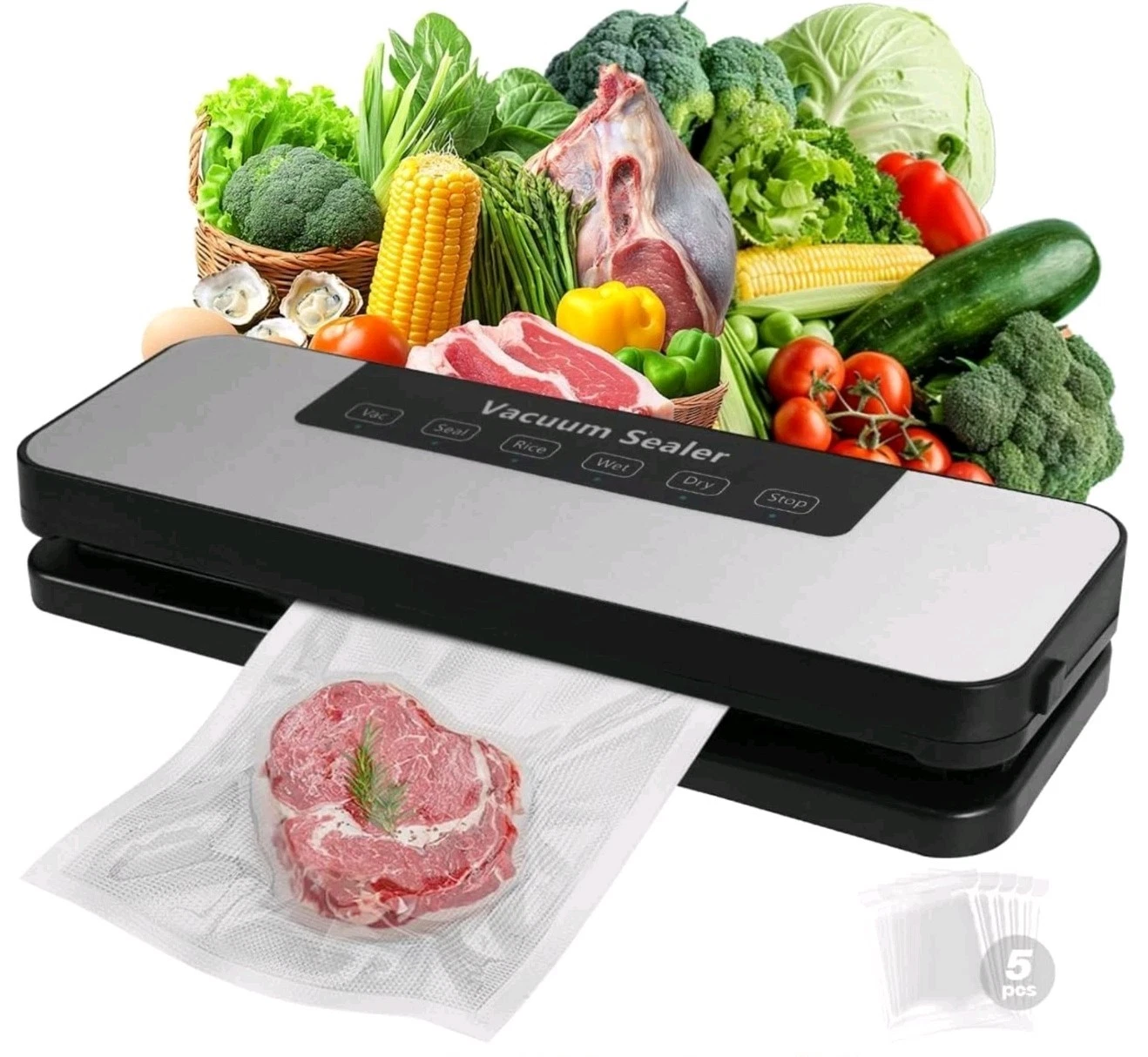 Food Vacuum Sealer Machine with Built-in Cutter – 80kPa Suction, One-Touch Op...