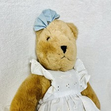 Vtg 80s Carousel by Guy Teddy Bear Tan Plush White Eyelet Dress w/Blue Bow Korea